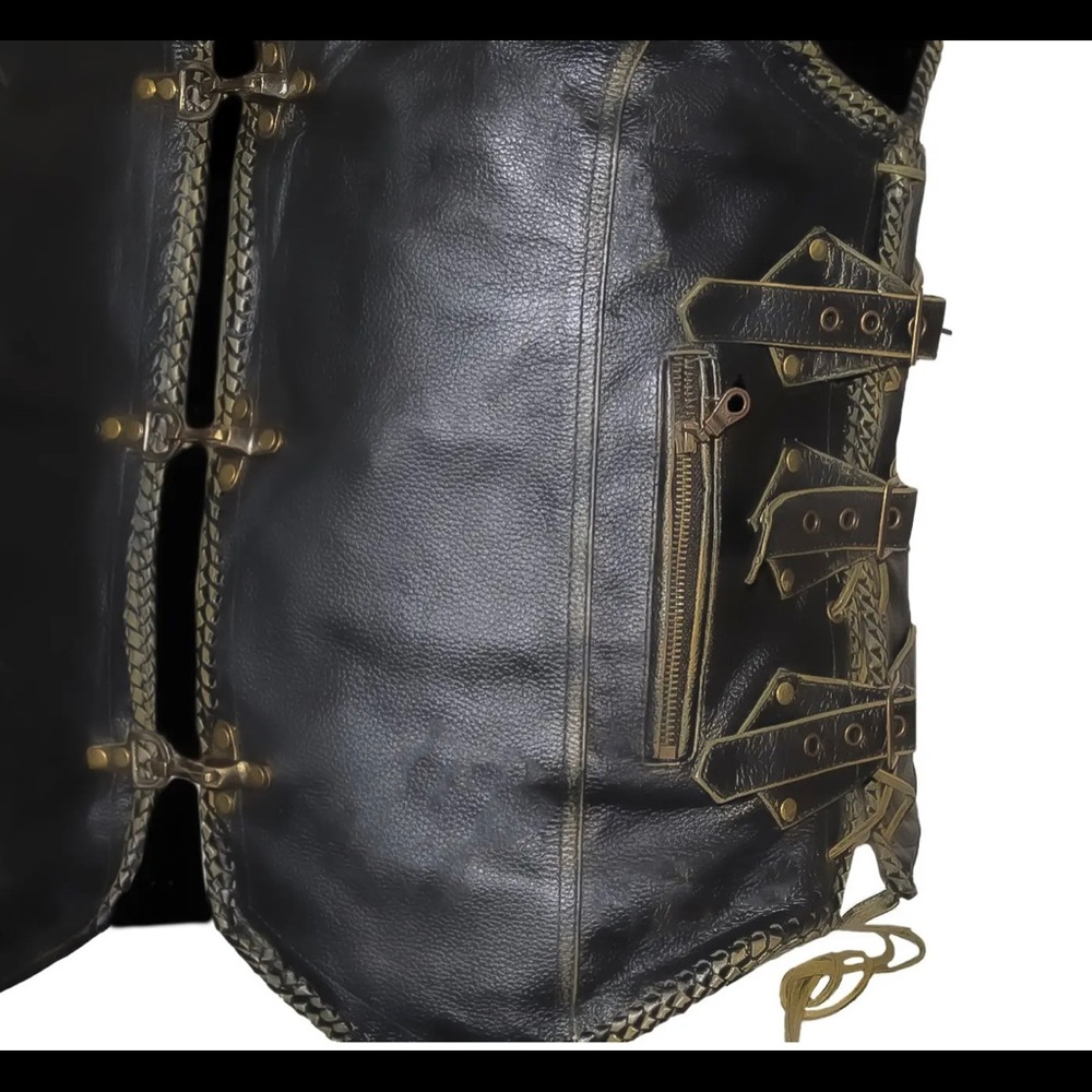 Men’s Motorcycle Distressed Black Side Laced Biker Concealed Carry Leather Vest - Picture 5 of 9